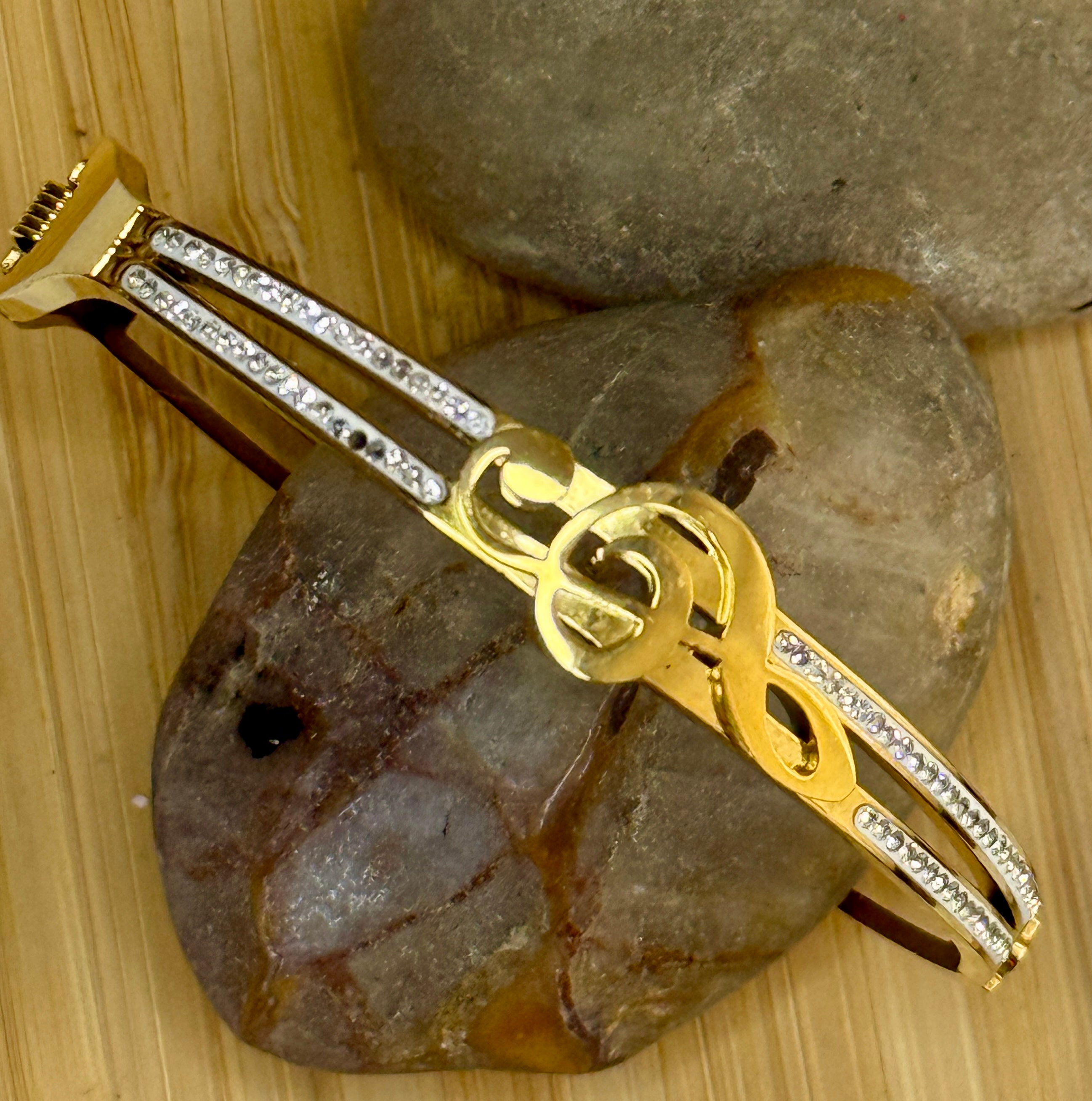 Armband Notenschlüssel & Kristall – Musik Edelstahl Bangle Gold